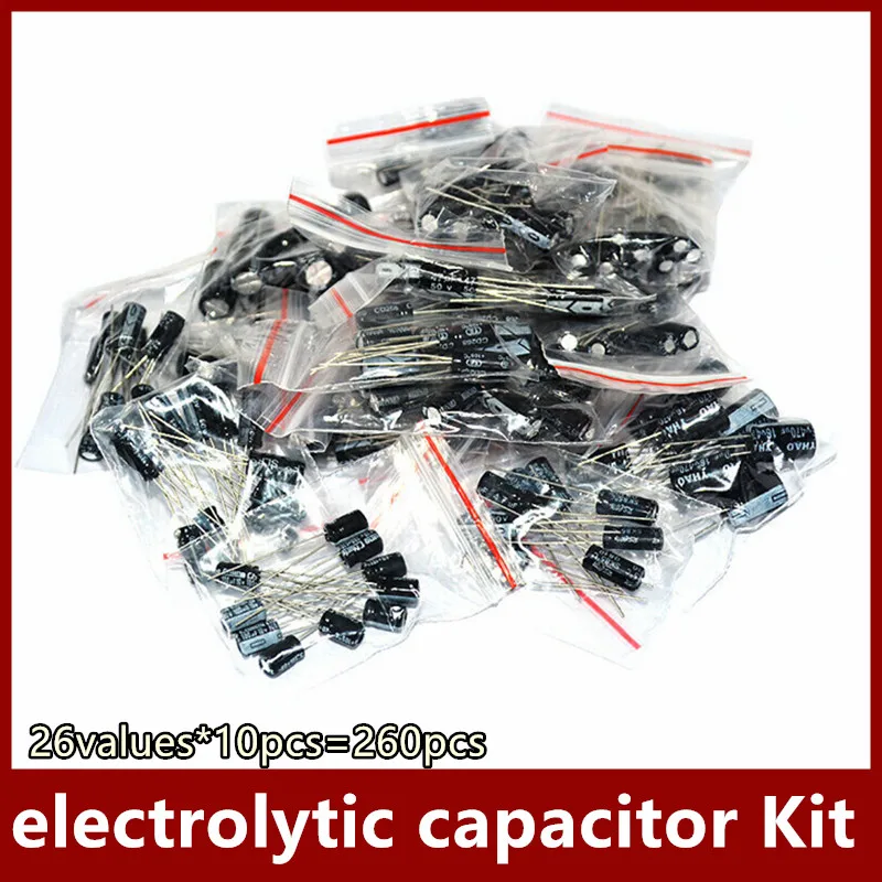 

26values*10pcs=260pcs plug-in aluminium electrolytic capacitor Kit 50V 25V 16V 10v 1uf~470uf DIP electrolytic capacitor