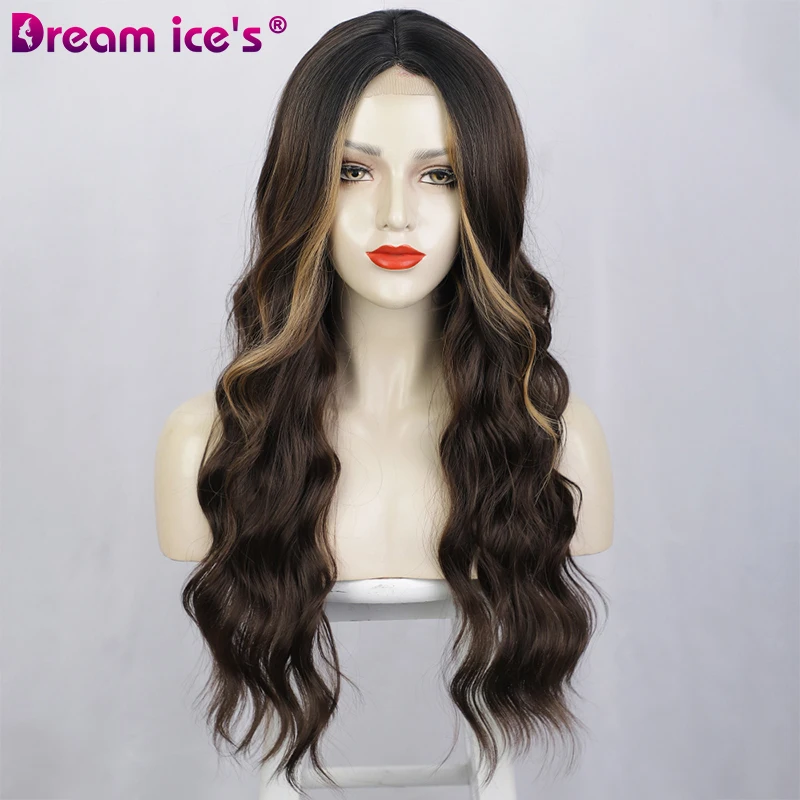 

Длинный волнистый синтетический парик на сетке для женщин Омбре коричневый цвет Термостойкое высокотемпературное волокно косплей 24 дюйма Dream Ice's