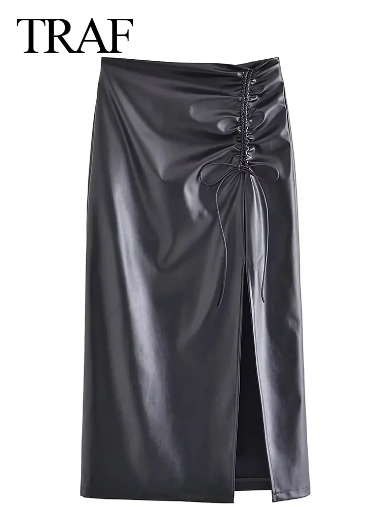 

TRAF 2022 Fashion Women's Pleated Lace Up Skirt Solid Color Black High Side Slit Slim Sexy Trendy Midi Skirt Summer Lady Clothes