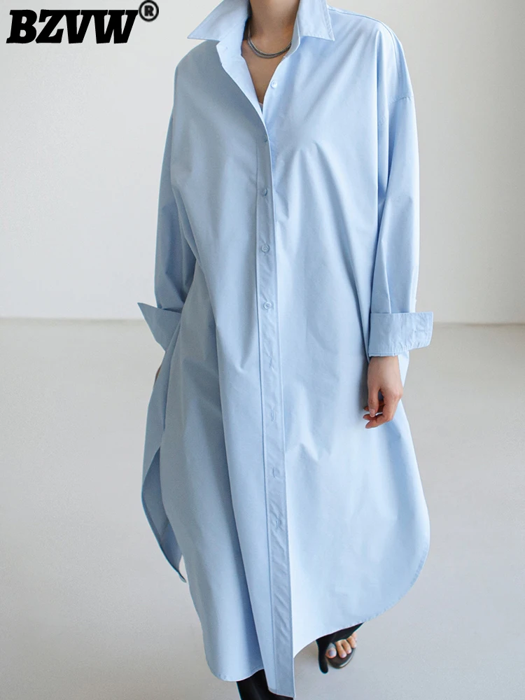 

BZVW Pure Color Loose Big Size Shirt Dress Women's Clothing 2023 Spring Summer Sunscreen Long Blouses Dresses Female Trend