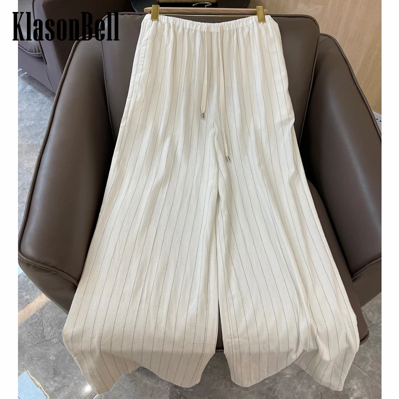 

3.31 KlasonBell Linen Striped Print Drawstring Elastic Waist Comfortable Loose Wide Leg Pants Women