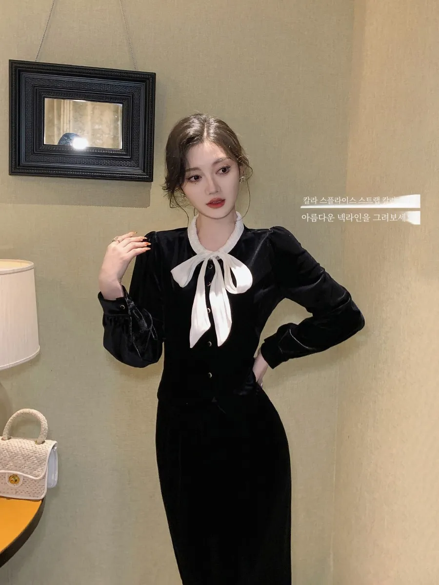 Lin Guanguan черные бархатные рубашки с бантом женские осенне-зимние уникальные