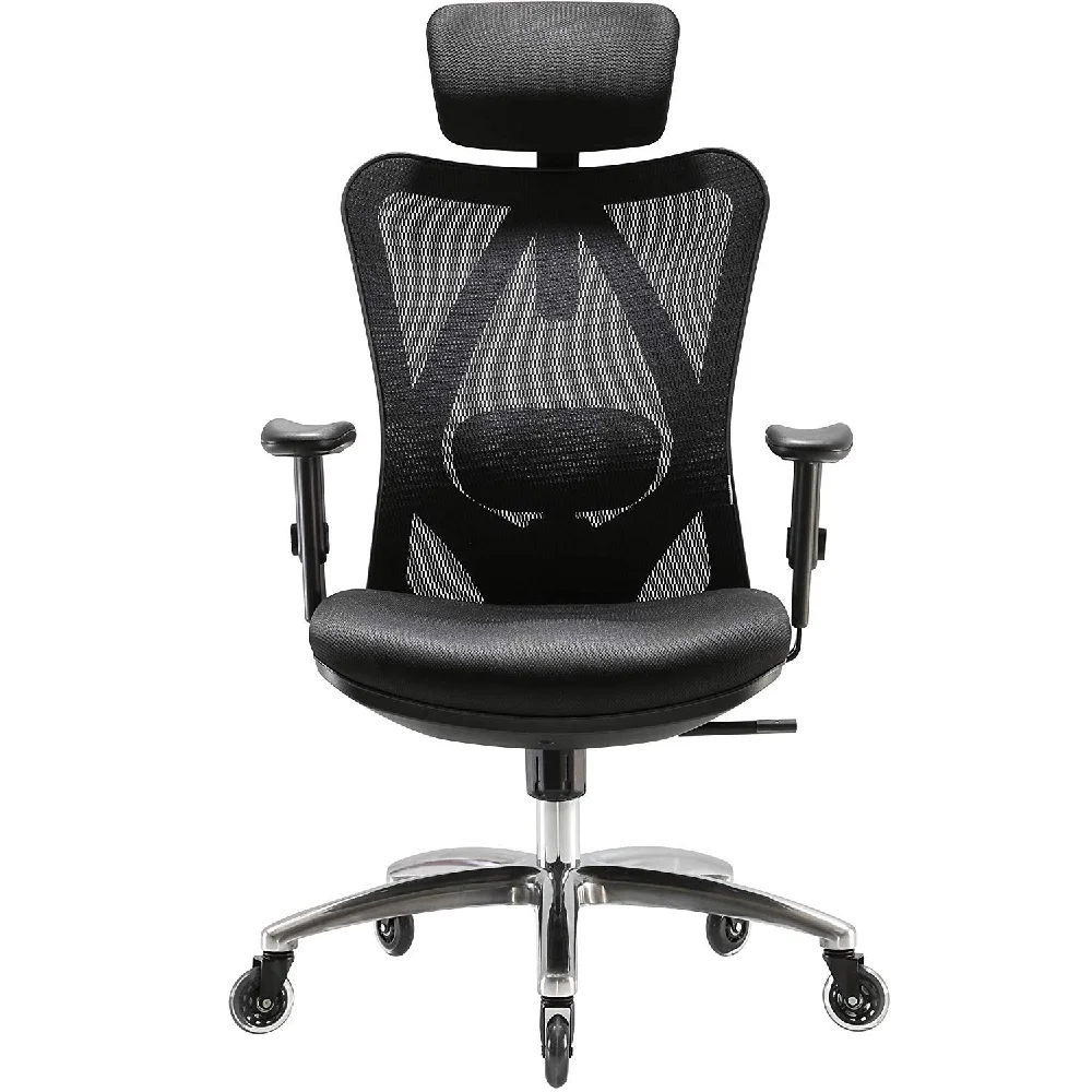 

Office Chair Mesh Swivel Armchair High Back with Adjustable Sponge Lumbar Support Thick Cushion PU Armrest Headrest Ergonomic