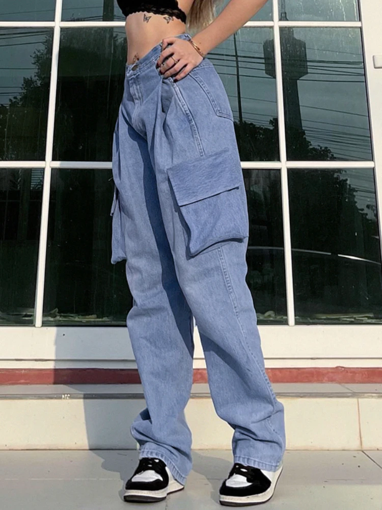 WeiYao Korean Fashion High Waist Harem Denim Pants Big Pockets Stitch Cargo  Jeans Woman Casual Baggy Hippie Streetwear Bottoms | АлиЭкспресс