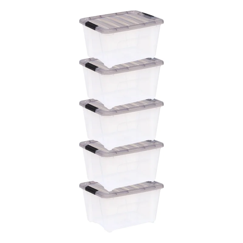 

IRIS USA, 32 Quart Stack & Pull™ Clear Plastic Storage Box with Buckles, Gray, Set of 5 storage box organizer box