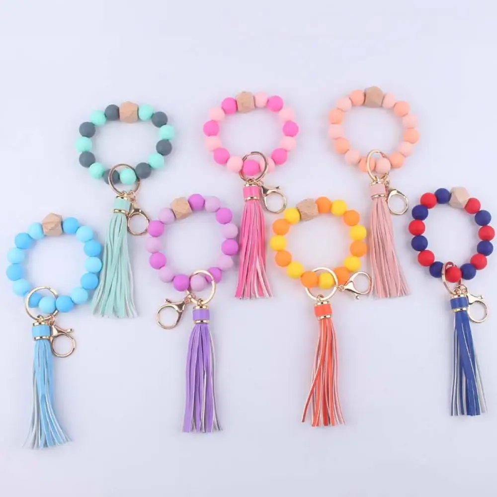 

Fashion Colorful Silicone Round Beads Keychain Tassel Pendant Keyring Women Bracelet Wristlet Keychain Key Jewelry Accessory