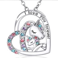i love you forever colorful rhinestone decal heart shape charm pendant necklace unicorn mom baby jewelry for girls women