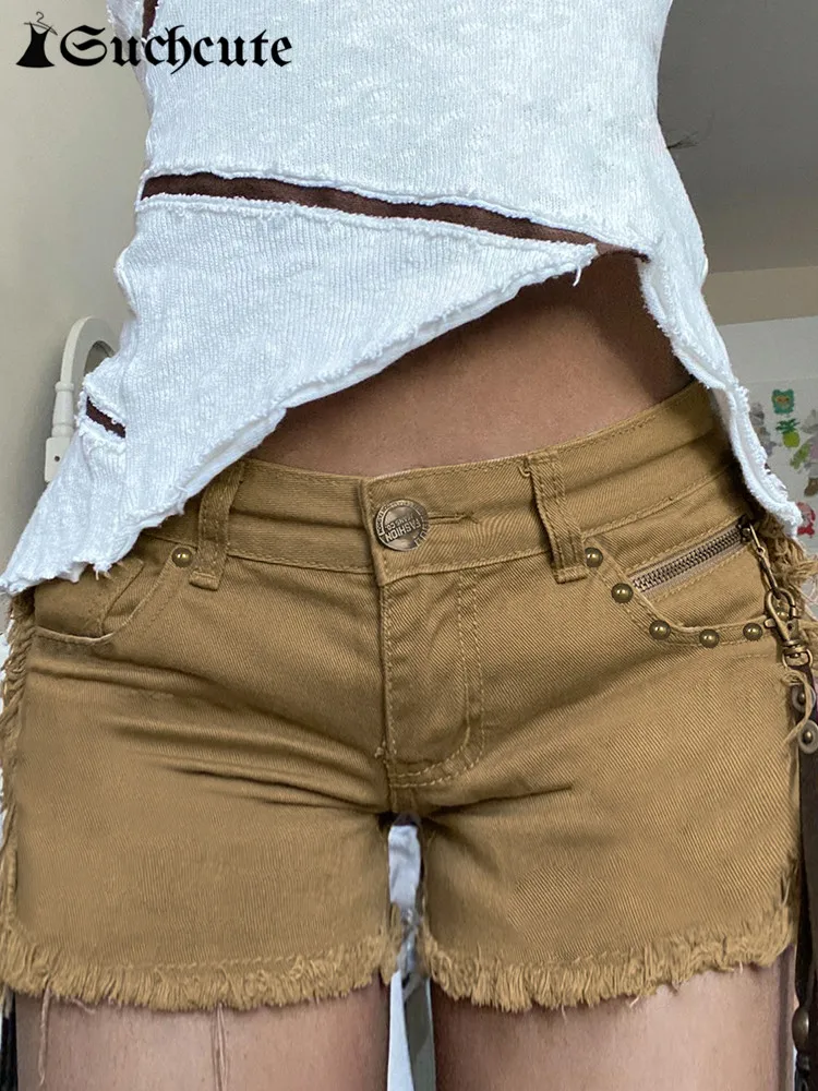 

SUCHCUTE Harajuku Rivet Shorts Grunge Fairycore Solid High Wasit Pocket Up Short Streetwear Vintage Hip Hop Slim Clothes Summer