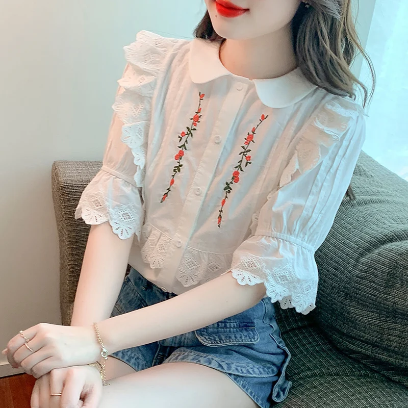 

White Lace Princess Sleeves Shirts Blouses Women Cute Doll Collar Floral Embroidery Blouse 2022 Summer Fashion Woman Top