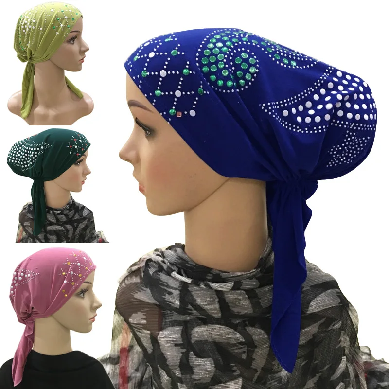 Hot Drilling Beads Turban Hijabs Instant Hijab Cap Chemo Headwear for Women Chic Muslim Scarf Turban Ladies Head Handkerchief