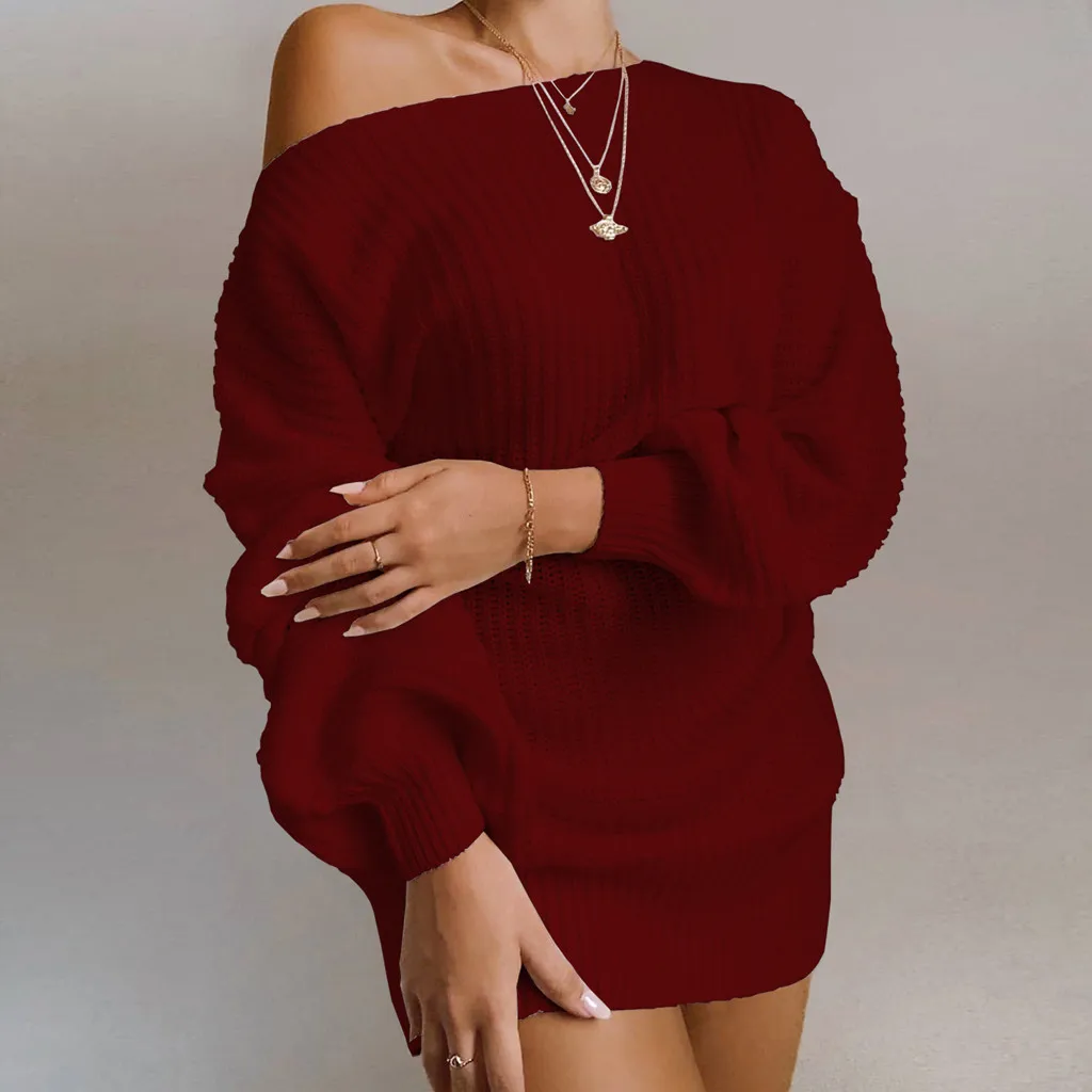 

Fashion Women Sexy Solid Sleeve Off Shoulder Long Sleeves Sweater Dress Womens Dresses Fall