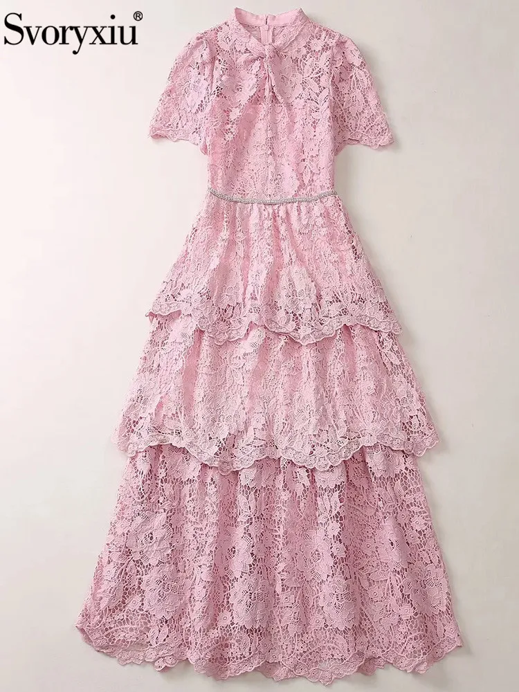 Svoryxiu Fashion Summer Vintage Pink Color Lace Hollow Out Mid-Calf Dress Women's Short sleeve Cascading Ruffle High Waist Dress