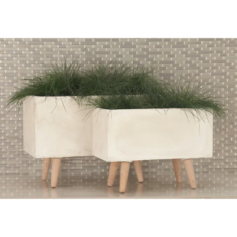 DecMode 21", 17"W Indoor Outdoor White Fiberclay Planter with Wood Legs (2 Count) plant pots