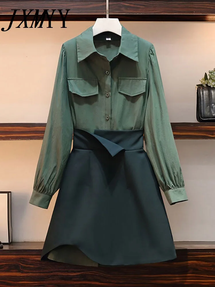 

JXMYY 2022 Spring Large Size Fashion Vintage Style Women Long -sleeve Shirts and Irregular Solid Skirt Two-Piece Set Lady