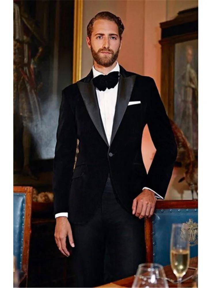 

2020 New Elegant Red/Royal Blue/Black Velvet Groom Tuxedo Jacket Black Lapel Mens Blazer Slim Fit Suit Men Wedding Suits Sets