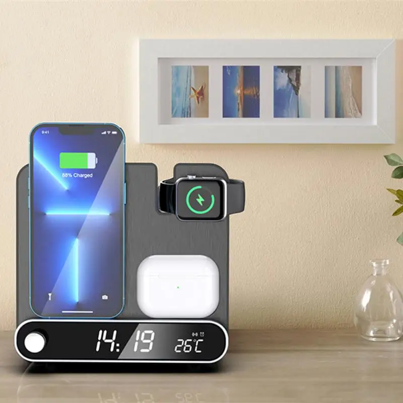 3-in-1 15W Foldable Holder Multifunctional Desktop Mobile Phone Watch Black Stand Two-way Magnetic Suction Fast Wireless Charger