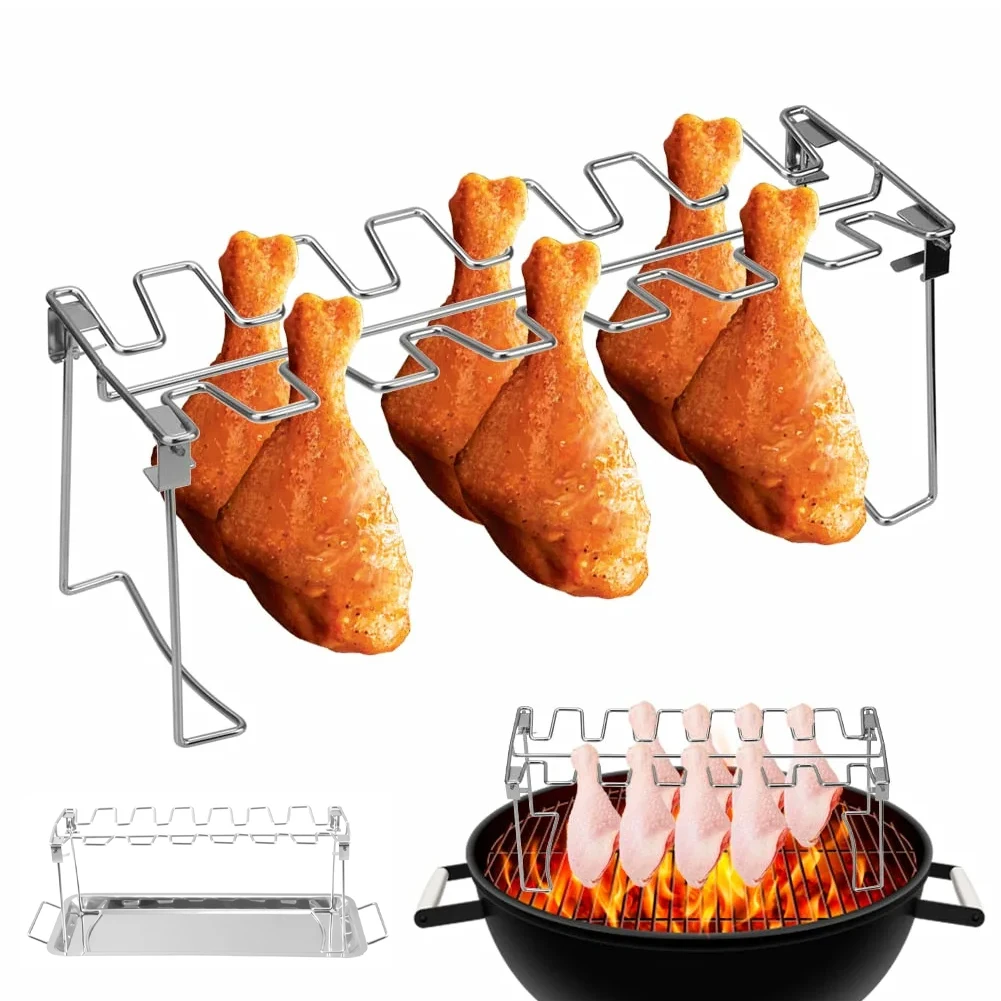 

Chicken Leg Rack For Grill With Drip Tray 430 Stainless Steel Folding Drumstick Rack 14 Slots Chicken Wing Rack Holder For BBQ