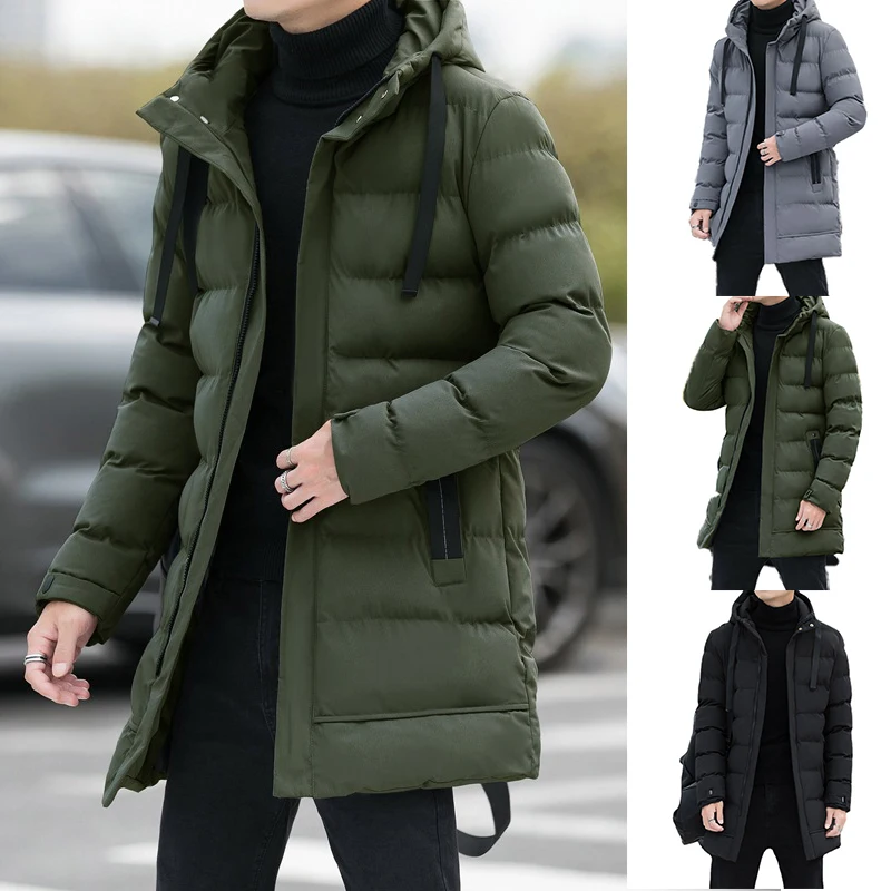Men Warm Long Puffer Jacket Thicken Quilted Mid-length Hooded Coat Winter Casual Puffer Jacket Outwear Overcoat Coat Parka
