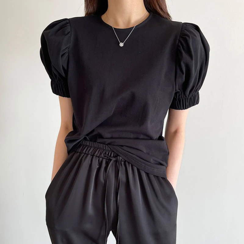 

New All-Match Puff Short Sleeve Tees T-Shirts Women Summer 2021 Solid O Neck Pullover Harajuku Loose Casual Ladies Top Femme