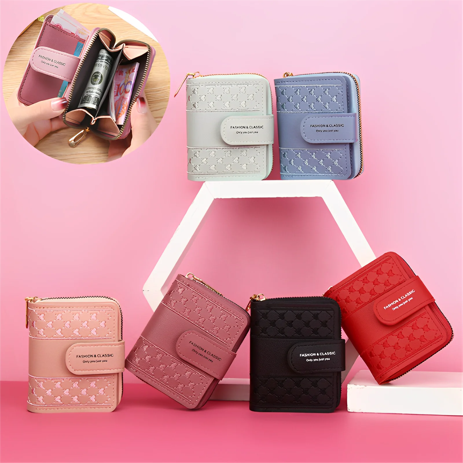 

Women Wallet Large Capacity Embroidered Love Heart Wallet Mini Hasp Solid Multi-Cards Holder Coin Purse PU Leather Short Wallet