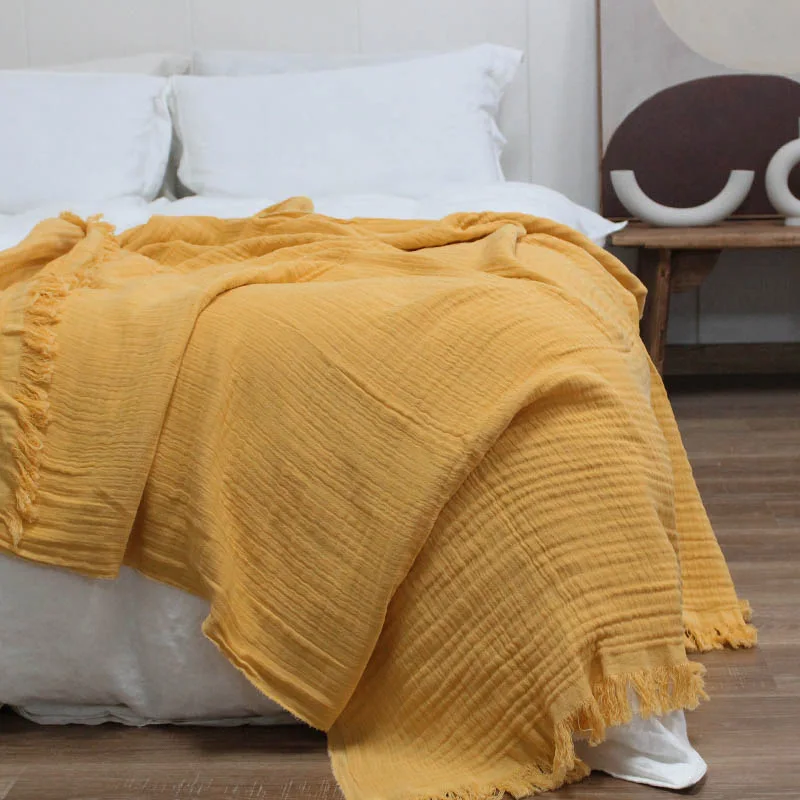 

Nordic Solid Three-Layer Cotton Cover Blanket With Tassel Thin Comfort Sofa Bed Blanket Air Conditioning Ins Nap Blanket Shawl