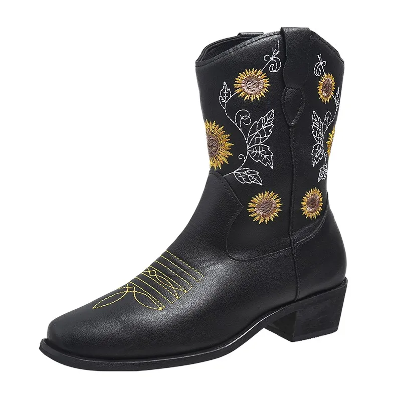 Купи Women's Autumn Winter New Embroidery Sunflower Cowboy Boots Casual Western Boots Retro Short Boots Ladies Shoes Botas Mujer за 650 рублей в магазине AliExpress