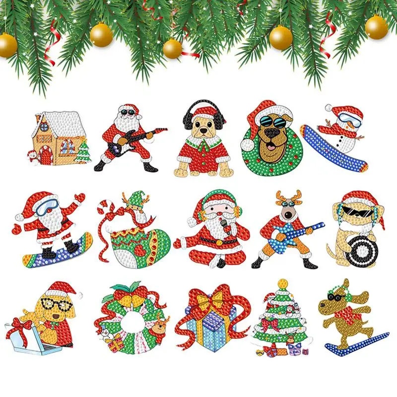 

Christmas Diamond Key Chain Kits Set Of 15 DIY Diamonds Painting Kit Christmas Hanging Diamond Art Kits 5D Key Ring Rhinestone