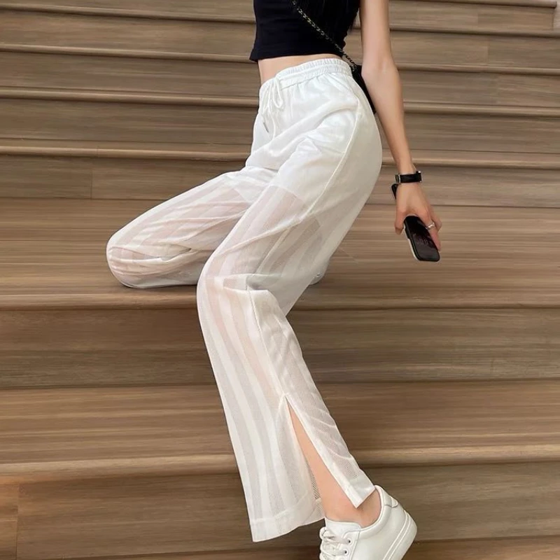 

Wide Leg Pants Women's Thin Pants Summer Female New Elastic High Waist Casual Loose Straight Suit Pant Lady Long Trousers G163