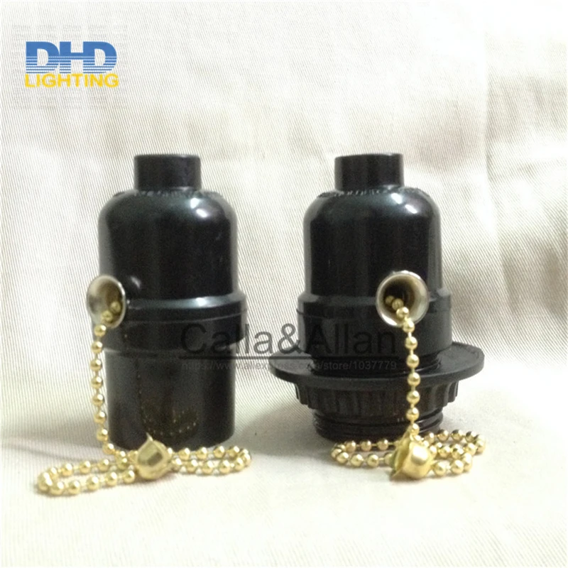 

200 шт./комплект, черные бакелитовые розетки с цепным переключателем или выключателем для ключей, патроны для ламп E27, черные пластиковые розетки для освещения