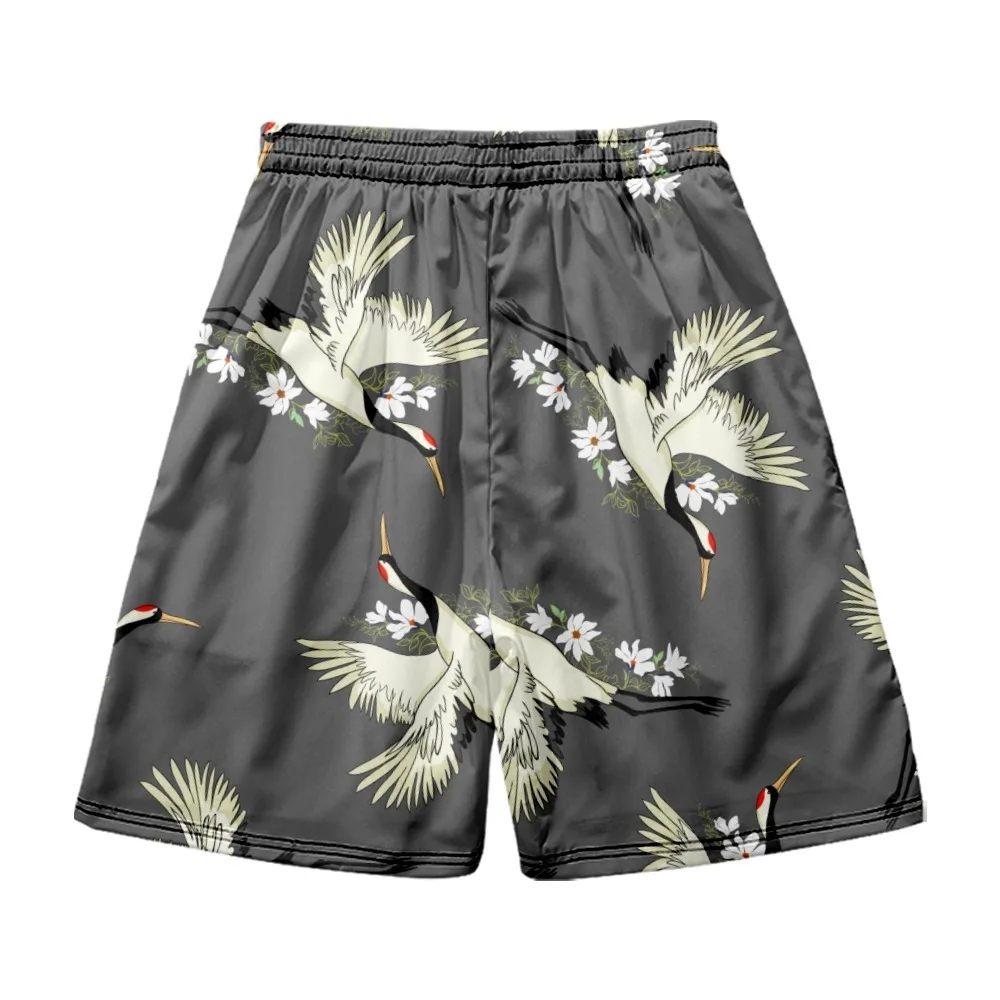 

Summer Chinese Style Crane Flower Print Male Streetwear Beach Shorts Casual Loose Men Women Elastic Waist Running Shorts