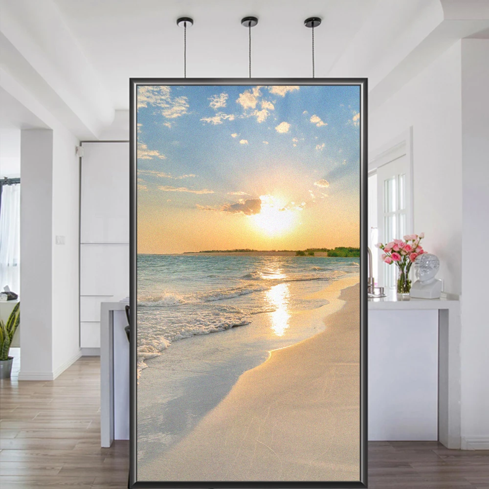 

Privacy Glass Decorative Film Sunset Beach Pattern Heat Insulation Window Film Bathroom Glass Window Door Electrostatic Sticker