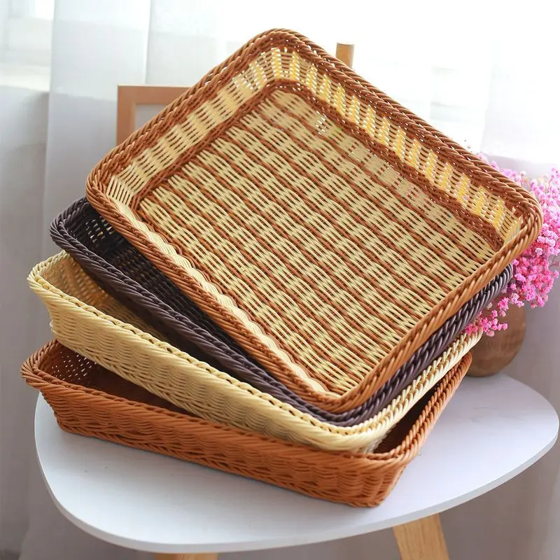 

Imitation Rattan Fruit Basket Rattan Fruit Basket Supermarket Snack Storage Basket Woven Bread Plastic Frame Woven Basket