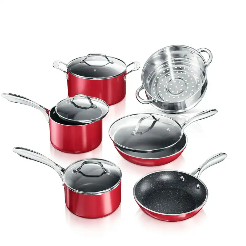 

10-Piece Non-stick Pots and Pans Cookware Set, Ultimate Durability and Non-stick with Mineral & Diamond Triple Coated, Red