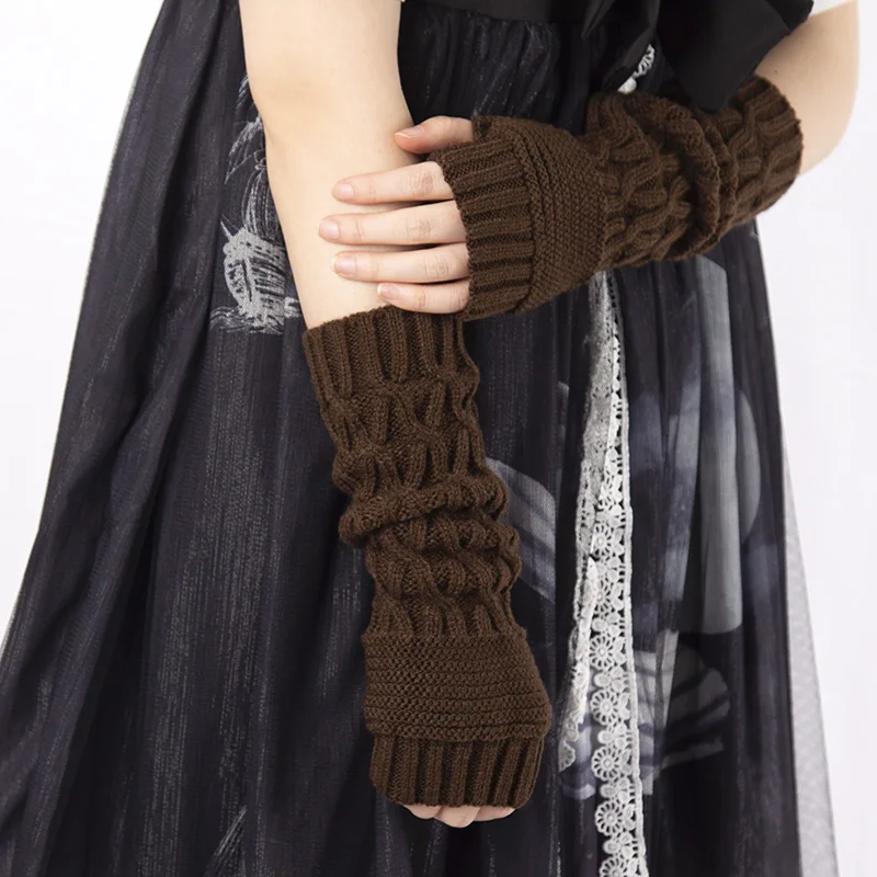 Women Knitted Gloves Half Finger Arm Cover Gothic Lolita Knitted Long Glove Girls Hand Warmer Winter Mittens Fingerless Gloves images - 6