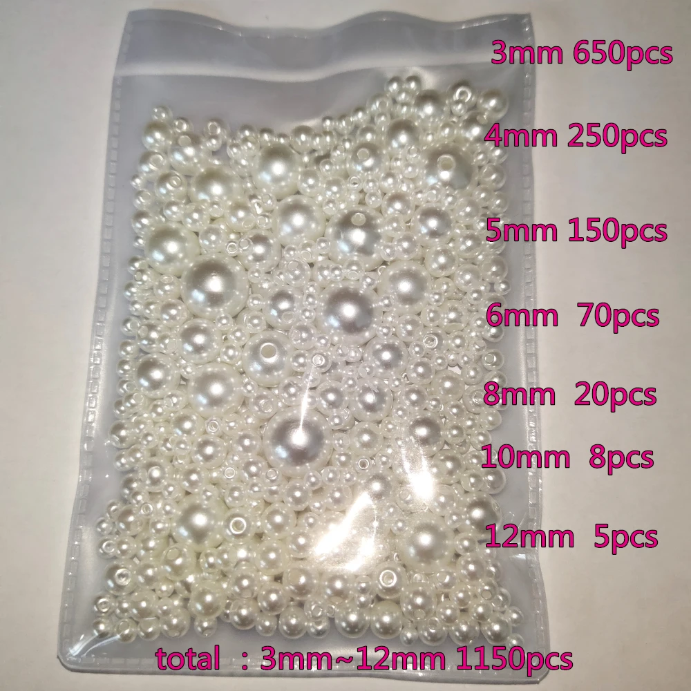 

3-12mm Mix size 1150pcs Pure White/ivory Pearl wtraight holes round imitation plastic pearl beads for needlework &Jewelry Making