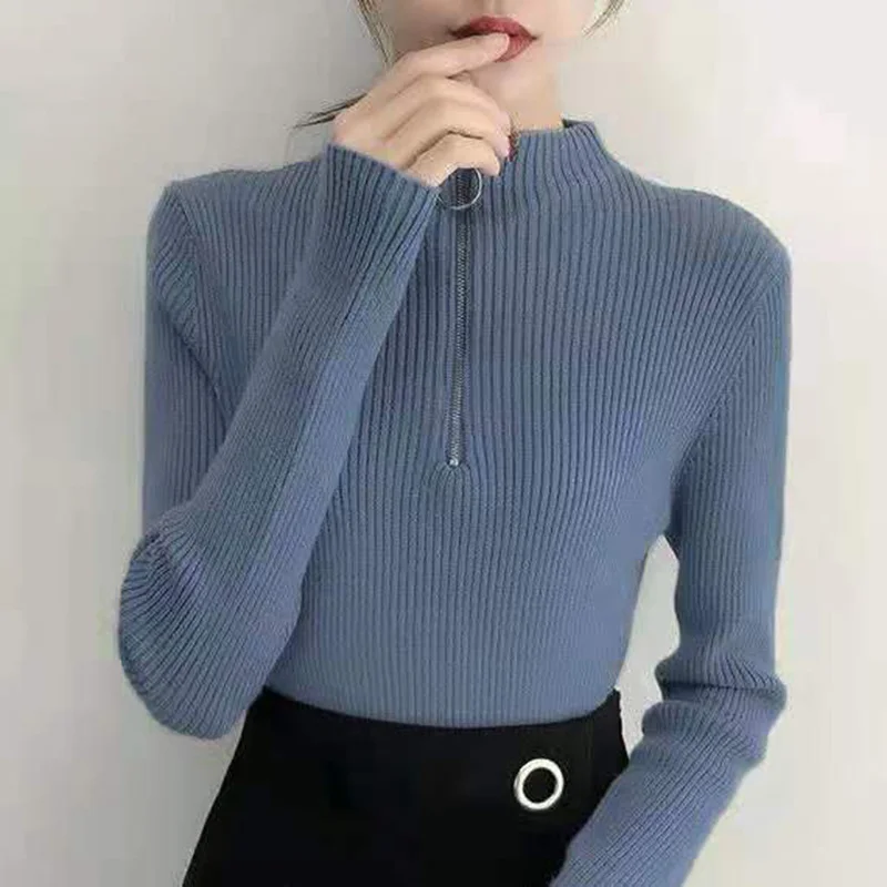 

Lucyever Autumn Winter Sweaters and Pullovers Women Zip Turtleneck Ribbed Knitted Sweater High Elastic Slim Fit Warm Jumper Top