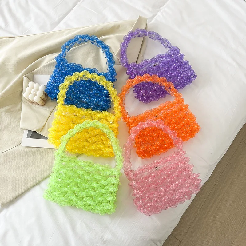 

2022 Ins Fashion New Summer Bright Fluorescence Light Yellow Green Woven Knitting Garden Bag Women's Lace Bobo Portable Handbag