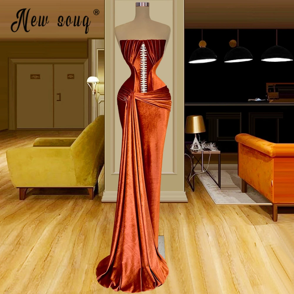 

Bling Brown Strapless Arabic Velvet Evening Dress Elegant Dubai Formal Party Dresses for Women Wedding Second Reception Gown