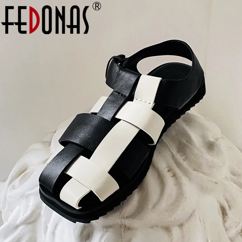 

FEDONAS Women Genuine Leather Sandals Fashion Dress Gladiator Weave Summer Flats Platforms Shoes Woman Sandals