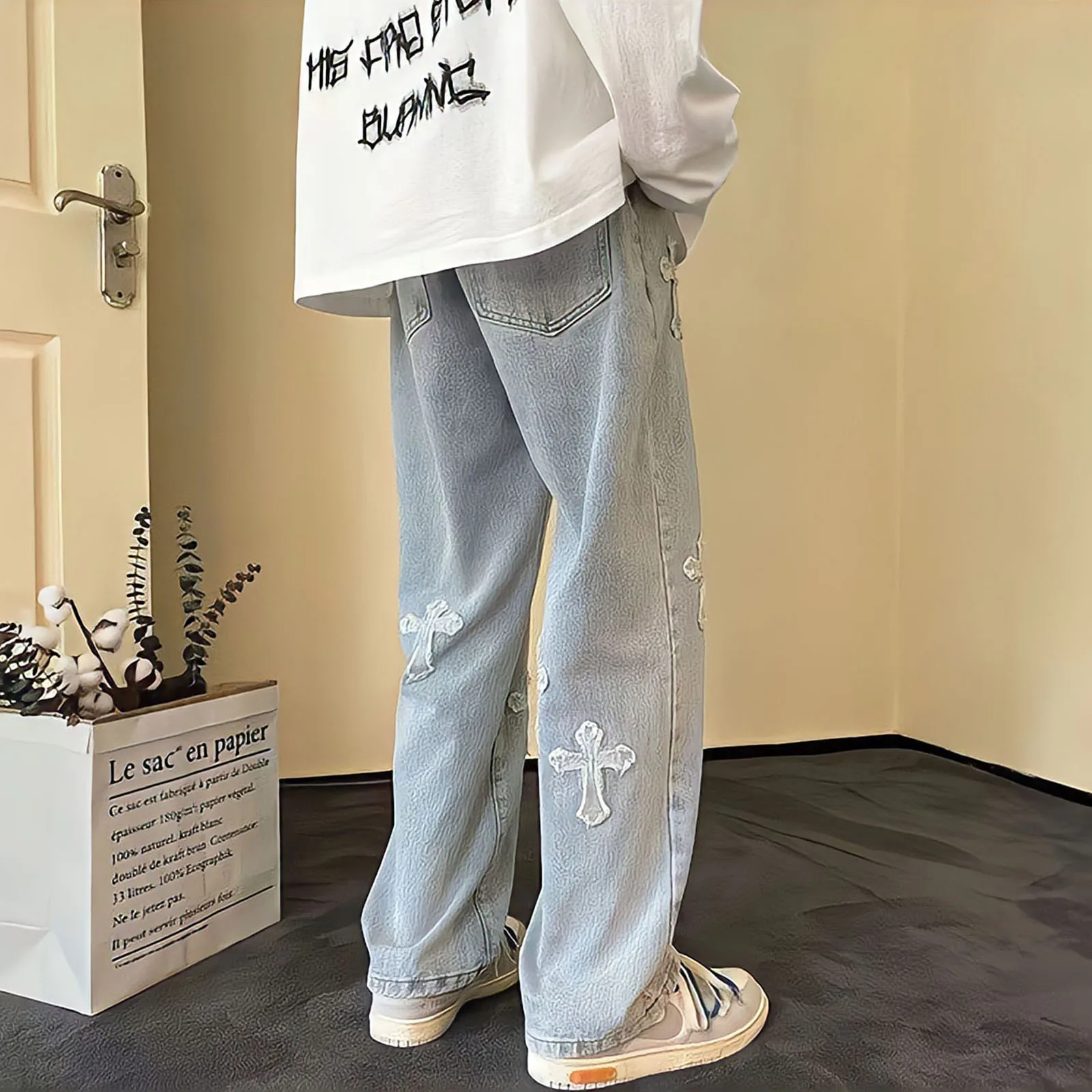 Embroidery Cross Jeans For Men Oversize Black Goth Pants Streetwear 90s Vintage Baggy Casual Straight Leg Ripped Denim Trousers