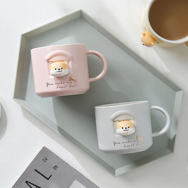 

Three Dimensional Firewood Dog Cute Cartoon Ceramic Cup Akita Dog Mug With Lid Spoon Student Office Home Water Cup Couple Cup