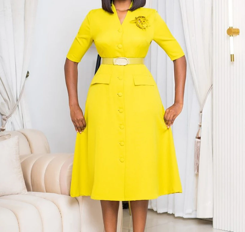 

One Piece Dress Women Clothing Fashion Casual Solid V-neck Button with Elegant Pure Color Autumn New 2023 High Waist Skirt