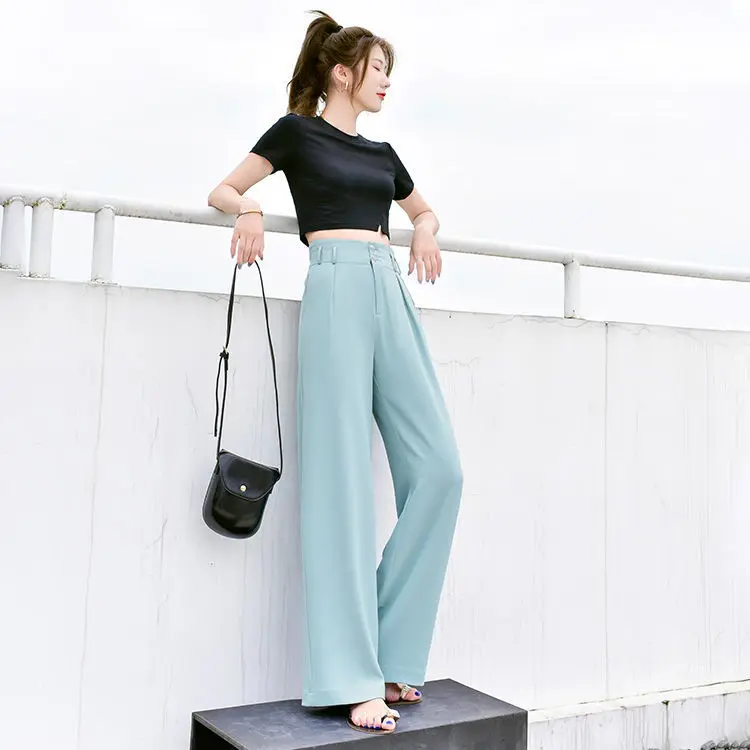 

Women 2022 Spring Summer Chic Office Wear Wide Leg Pants Female Vintage High Waist Trousers Baggy Lady Casual Loose Pants V20