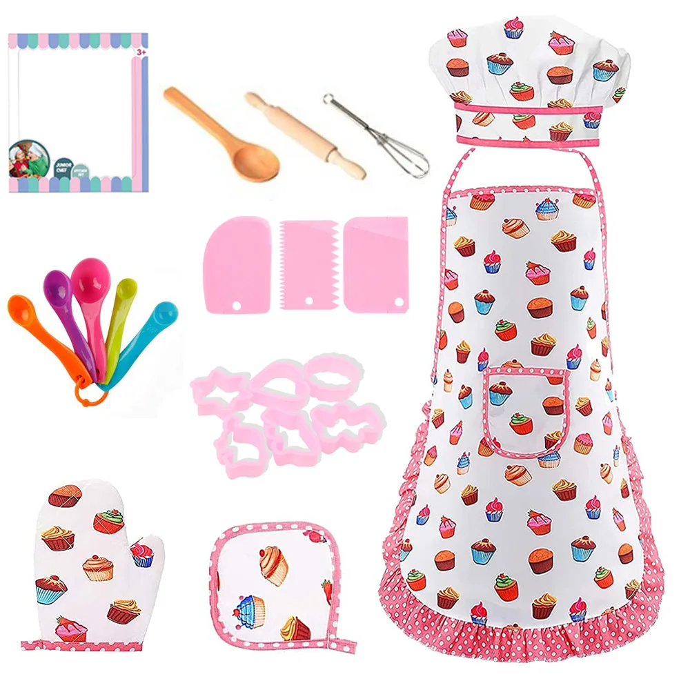 

A3 4/11Pcs Kids Cooking Apron Gloves Hat Set Pink Easter Halloween Child Chef Kitchen Baking Tool Play House Toys