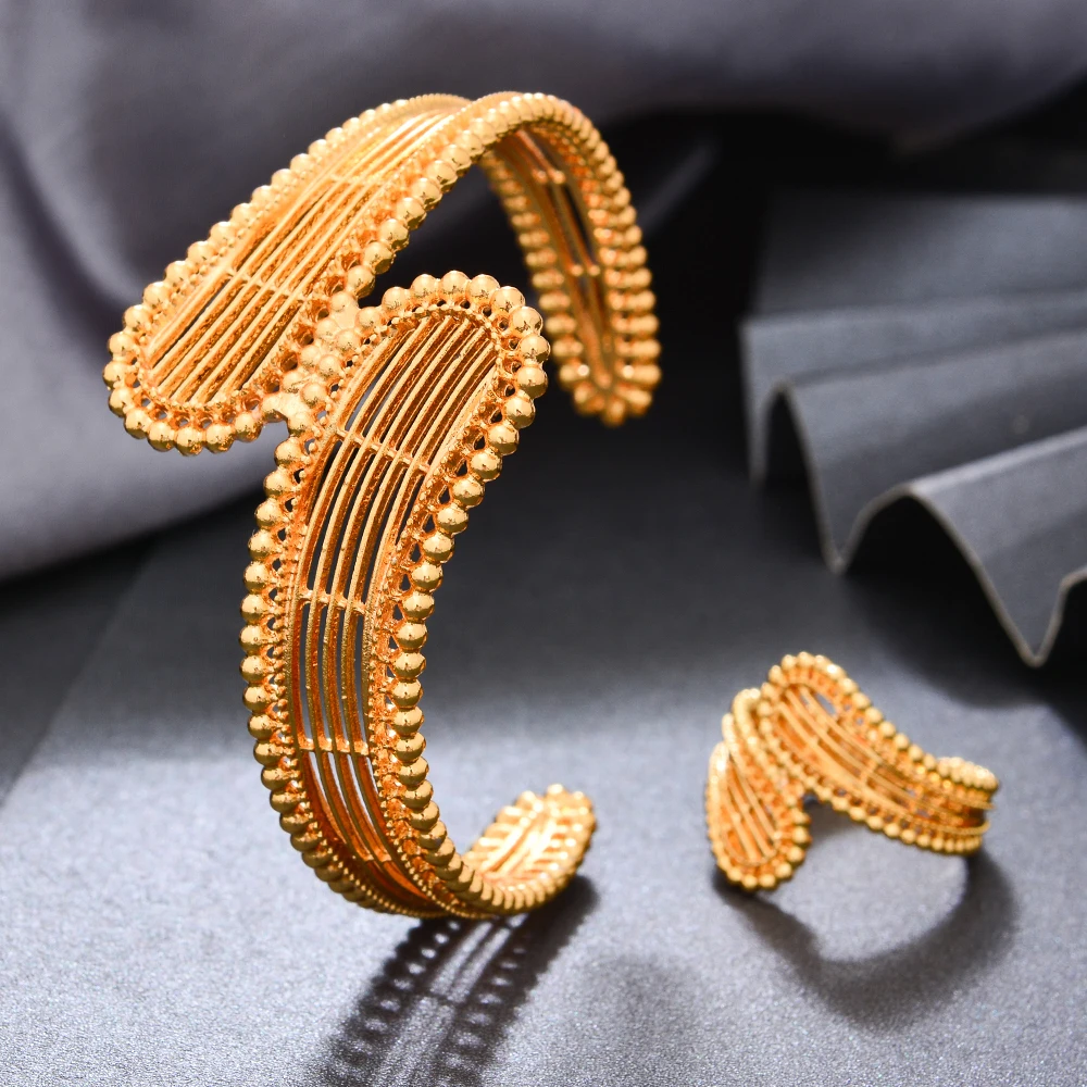 Dubai Gold Farbe Armreifen Für frauen Mädchen geschenke hochzeit schmuck Afrika Armreifen Für frauen Blume Armreifen mit ring Bijoux femme