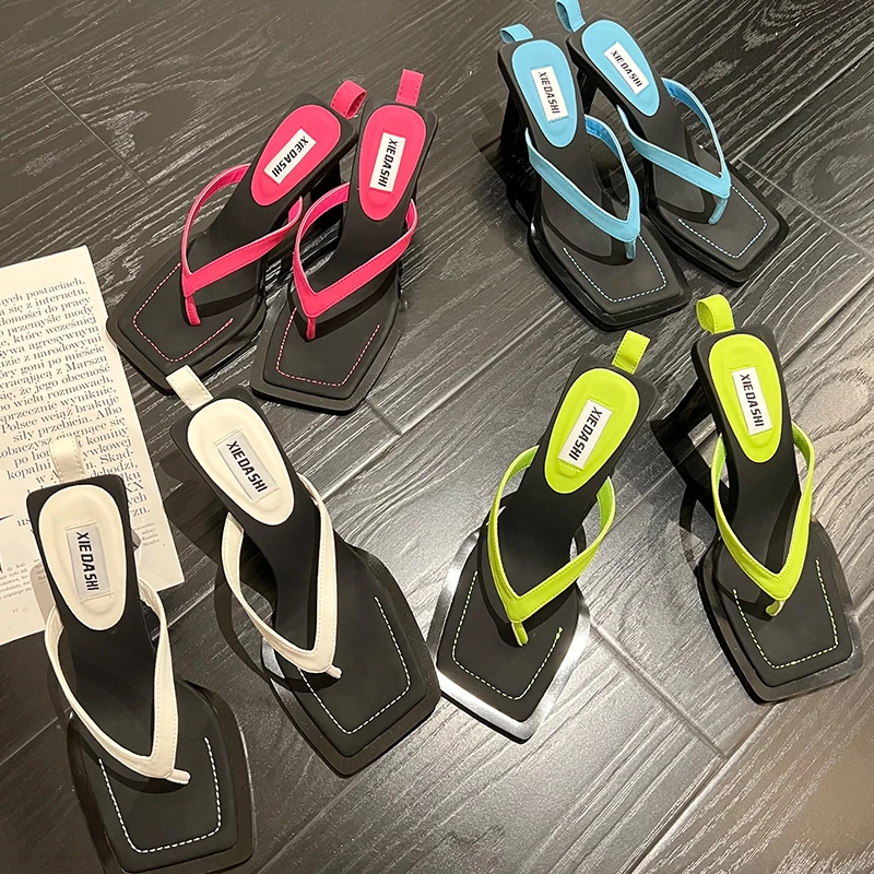 

Шлепанцы женские на высоком каблуке, сандалии на шпильке, без застежки, квадратный носок, повседневные летние тапочки, сланцы