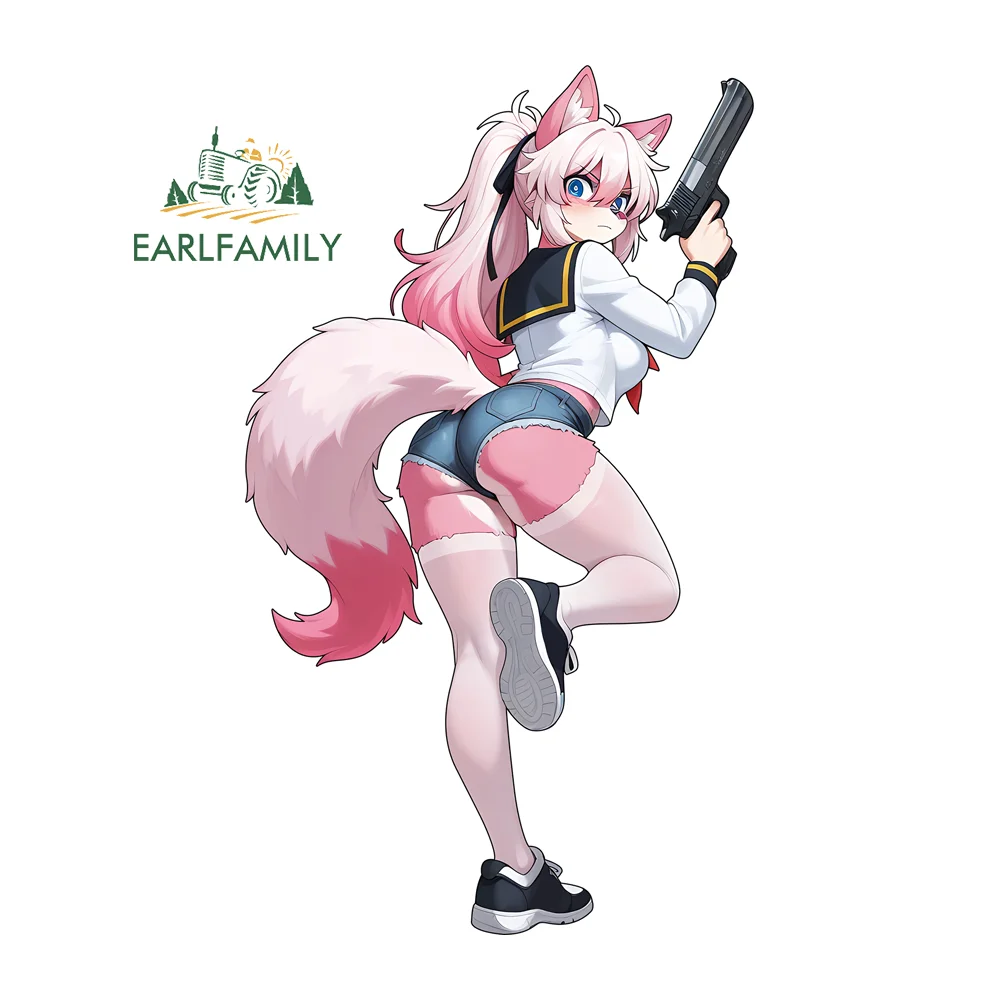 EARLFAMILY розовый пушистый с пистолетом автомобильные наклейки виниловые устойчивые к царапинам униформа Лоли лобовое стекло мотоцикл наклейка забавный кемпер JDM Декор