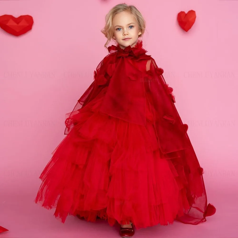 

Red Exquisite Flower Girls Dresses 2023 High Neck Tiered Tulle Kid Wedding Party Dress With Shawl A-Line Long Girl Princess Gown