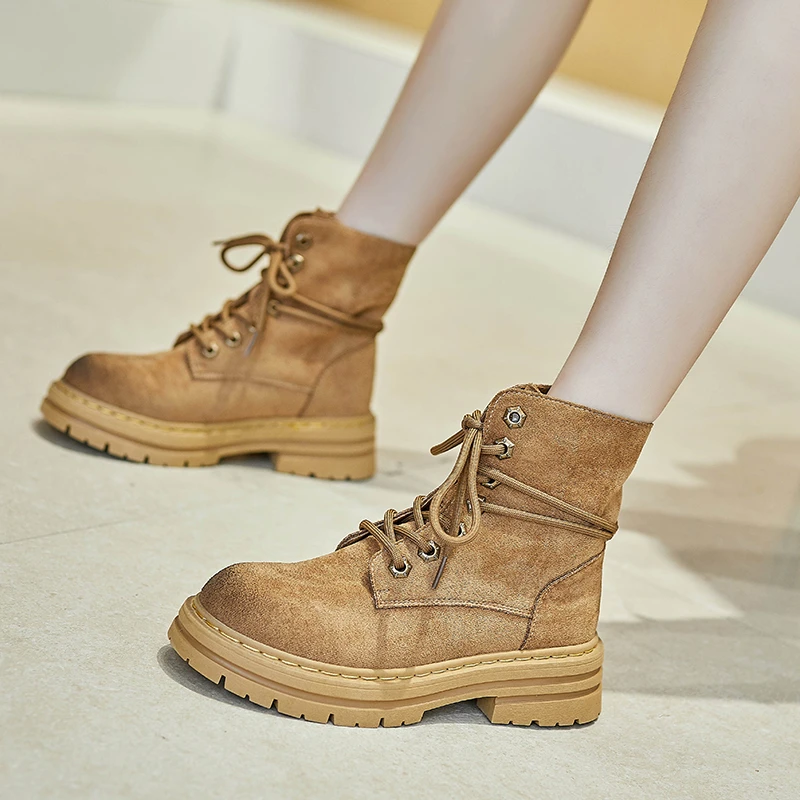 Women's Leather Boots Rough Machine Motorcycle Boots Women's Unisex Round Toe Lace Combat Boots Platform Shoes New Botas Mujer