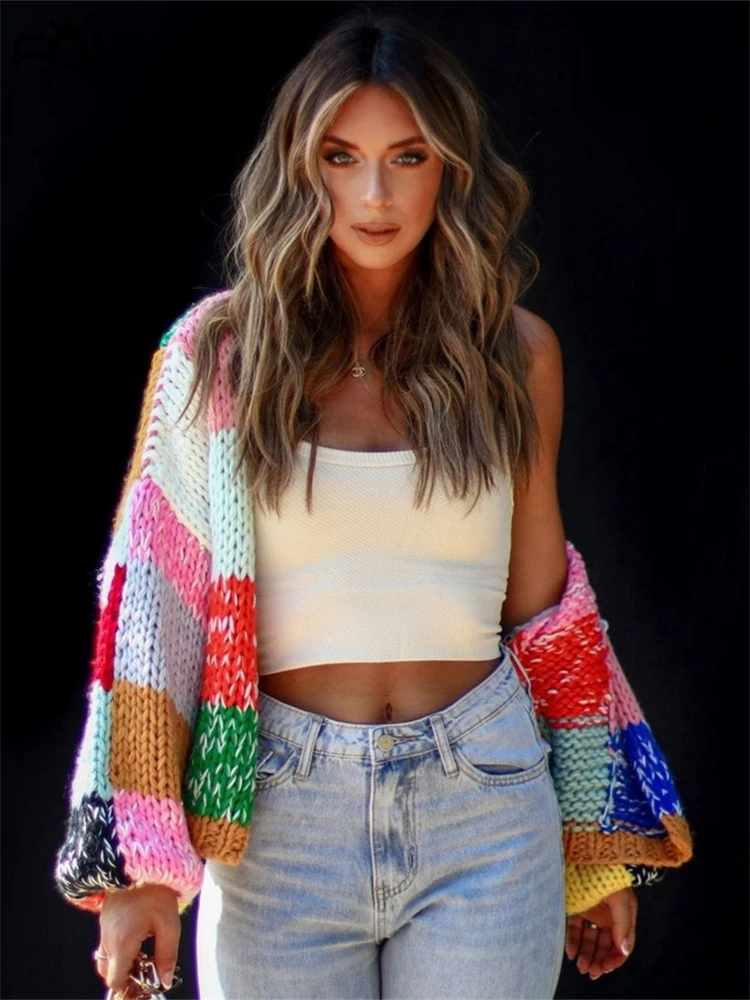 Женский трикотажный кардиган с V-образным вырезом и длинными рукавами-фонариками